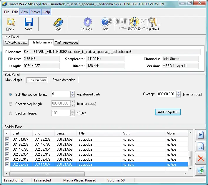 Direct WAV MP3 Splitter